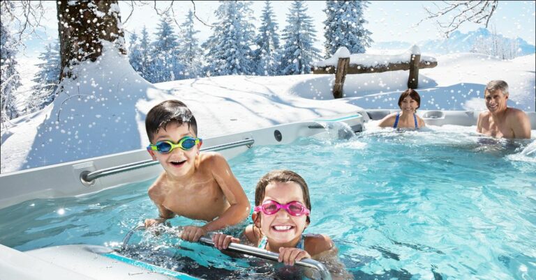 woman in a swim spa|woman exercising in a swim spa|kids in a swim spa in the snow