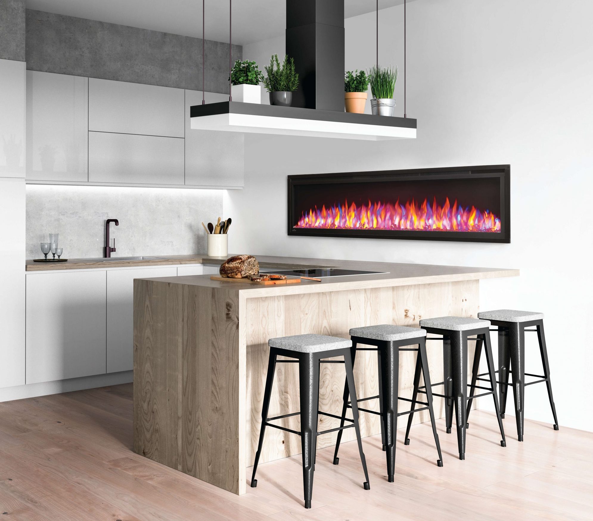 electric indoor fireplace installation in kitchen