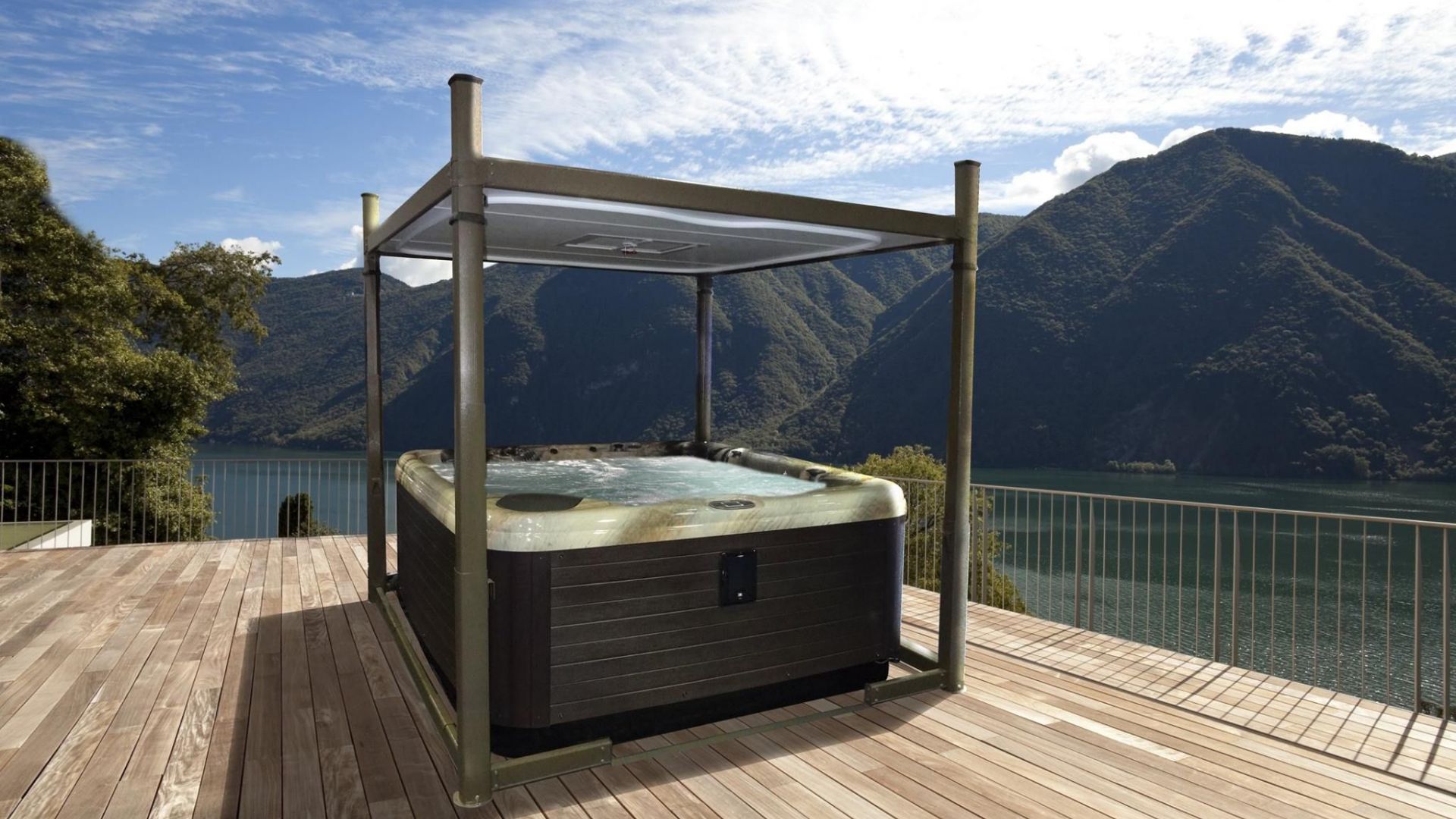 covana cover over a hot tub by a lake in the mountains