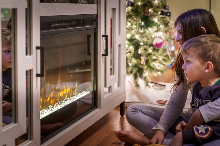 kids are looking at electric fireplace