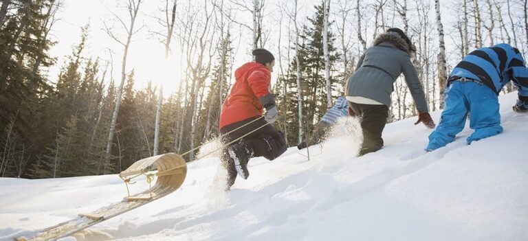 Children and an adult climbing a snowy hill with sleds in a forested area