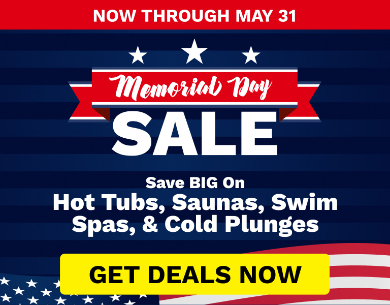 Memorial Day sale banner on a red/blue striped background, with large 'SALE' text and a yellow 'GET DEALS NOW' button promoting hot tubs, saunas, swim spas, and cold plunges through May 31.