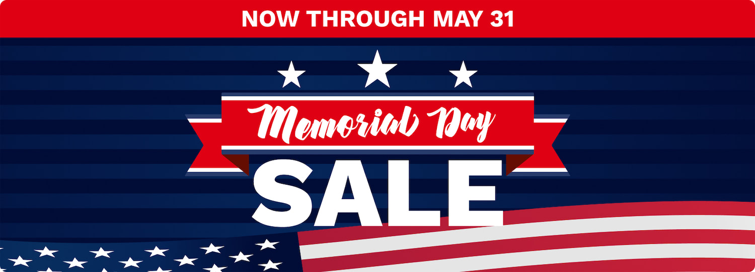 Memorial Day sale banner: red top strip with 'NOW THROUGH MAY 31', large 'SALE' over a blue striped background with white stars and an American flag motif.