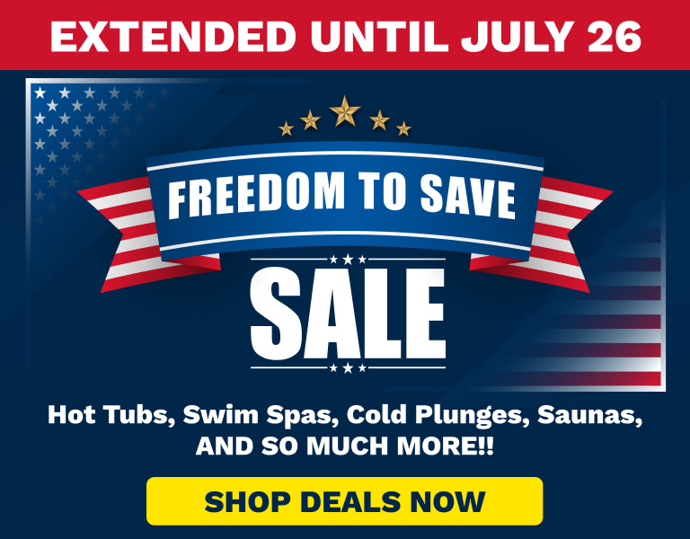 Promotional sale banner with patriotic blue background, large 'SALE' and 'Freedom to Save' text, and 'Extended until July 26' at the top; yellow 'Shop Deals Now' button visible.