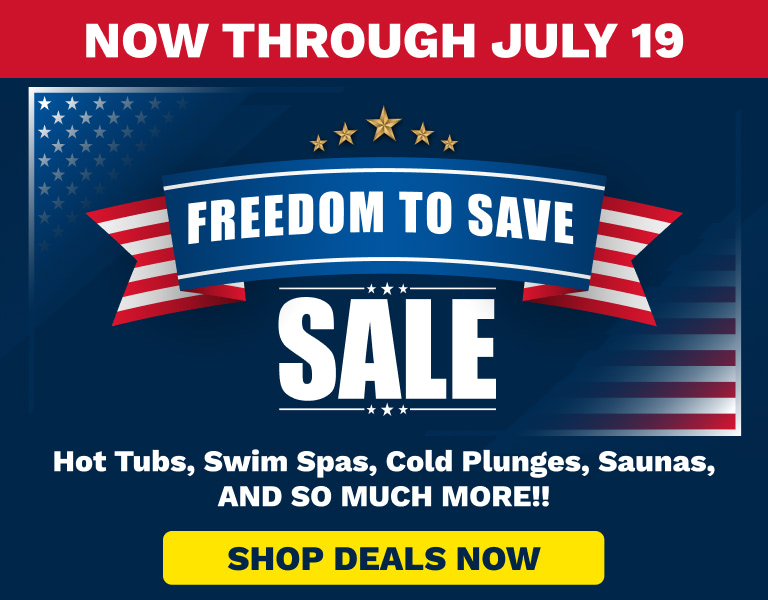 Patriotic sale banner advertising 'Freedom To Save' with stars on a blue background and a yellow 'Shop Deals Now' button at the bottom.
