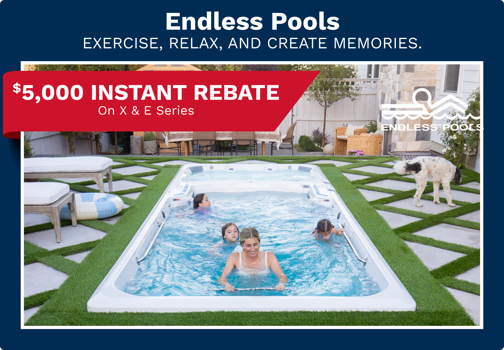 Backyard pool with people swimming and a red $5,000 instant rebate banner across the top.